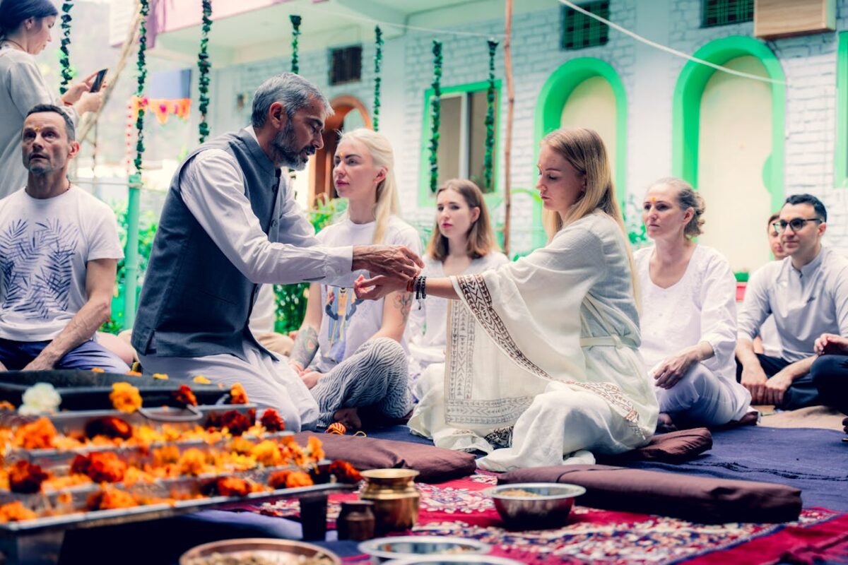 People participate in a spiritual yoga ceremony in Rishikesh, India.