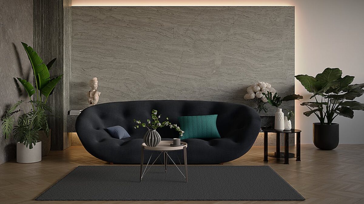 Stylish and cozy living room featuring modern decor, plush sofa, and elegant plants.
